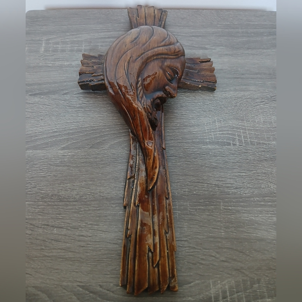 Vtg 19" Handmade Pottery Clay Cross w/ Side Profile of Jesus - Picture 8 of 16
